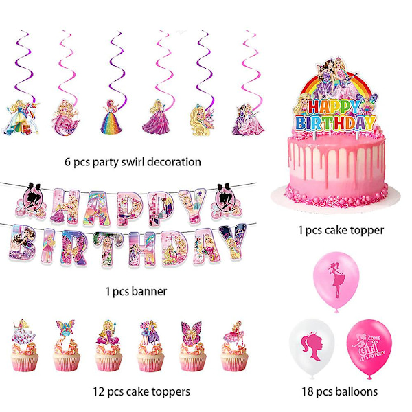 Barbie-tema Grattis på födelsedagen Festtillbehör Ballonger Set Banner Cupcake Cake Toppers Set Dekoration