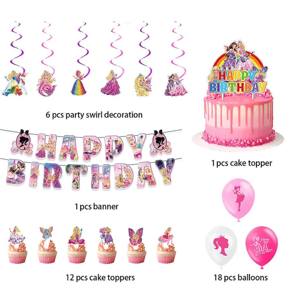 Barbie Tema Grattis på födelsedagen Party Supplies Ballonger Set Banner Cupcake Cake Toppers Set Dekoration