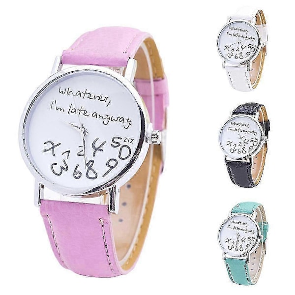 Sijiali Dam Whatever Im Late Anyway Bokstäver Rund Urtavla Konstläderarmband Kvarts Klocka snabb Pink