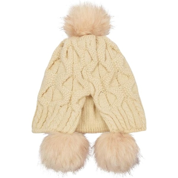 Kvinder strikket hue vinter varm hue hue med Pom Pom Bobble hat stil med vindtætte øreklapper (beige)
