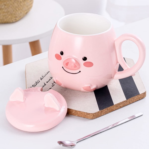 All-Pie Pig Mug Søt Keramisk Kaffe Kopp med lokk og skje, Spesielt Te Kopp Sett Rosa 500ml (4#)