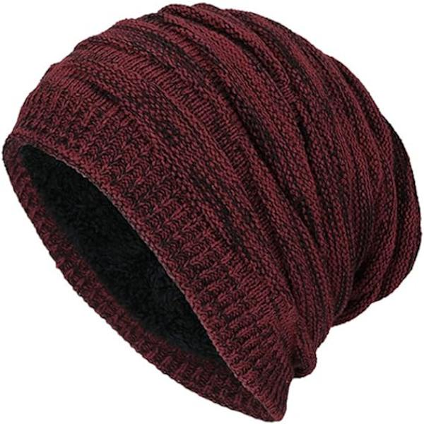 Vinterlue Beaniehatt for Menn Varm Strikket Lang Slouch Skull Cap Termisk med Myk (Vinrød)