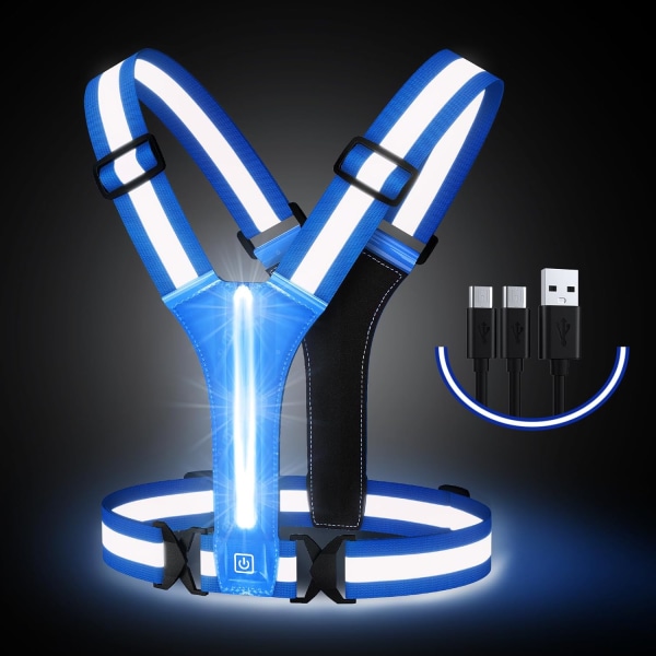 LED Reflekterende Vest, USB Genopladelig, Justerbar Talje/Skulder - Blue