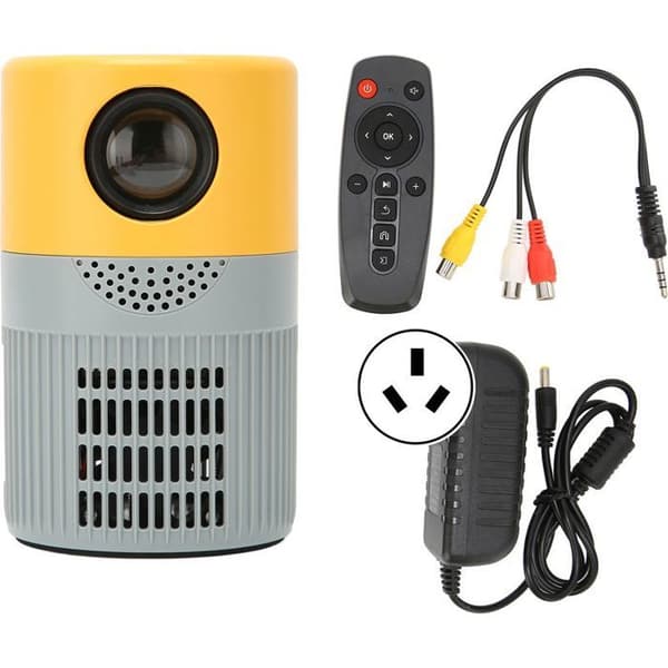 Bärbar HD 1080p miniprojektor med bioljud och dubbla fläktar; stöder DVD; 100-240V; gul/grå; australisk kontakt – AquaForge