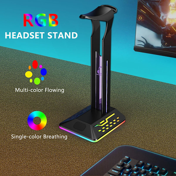 1 Sett Hodetelefonholder 2-i-1 7 RGB Lyseffekter Lysende Sklisikker Base Kabelkrok Atmosfære Belysning med 2 USB-porter Skrivebord Gaming Headset Stativ PC