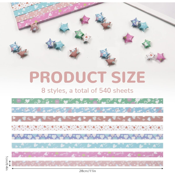 540 arkkia Origami-tähtipaperinauhoja DIY-käsintehtyjä värikkäitä tähtiä 8 erilaista tyyliä koristeluun taittopaperia taide- ja askartelutarvikkeisiin (sydän B)
