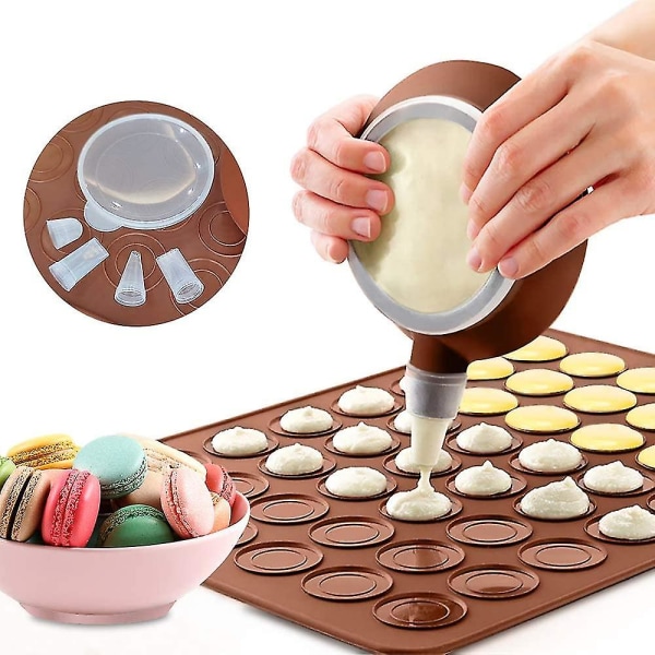 Macaron-bakematte, marengs Macaron-plate silikonform for 48 macaron-innsatser med 1 konditorpose og 4 forskjellige formede tips