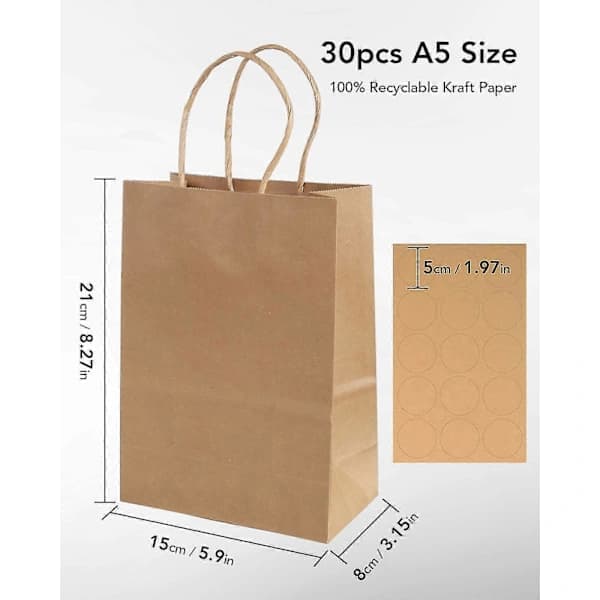 Papperspåsar med handtag 30-pack, presentpåsar, 15x21x8cm (brun)