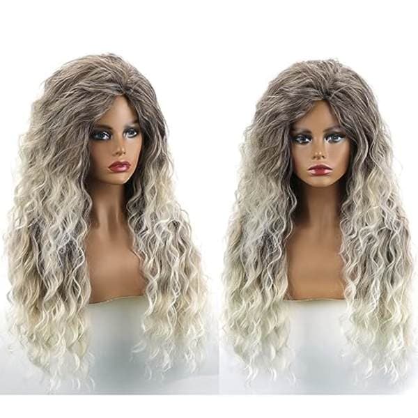 Lång lockig vågig peruk grå blond kvinnlig blandad blond lockig peruk