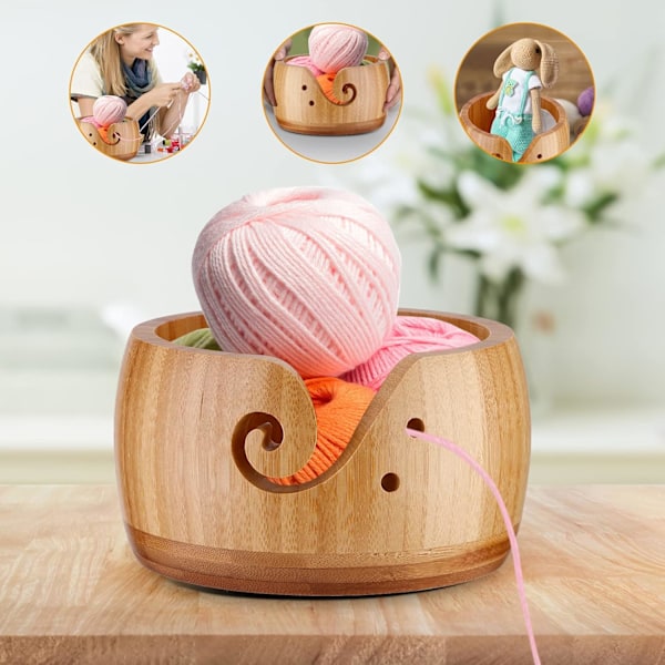Trä stickningsskål, stickningsskålhållare, ullförvaringsskål, stickningsskål i bambu med lock och elegant design, ullhållare organizer