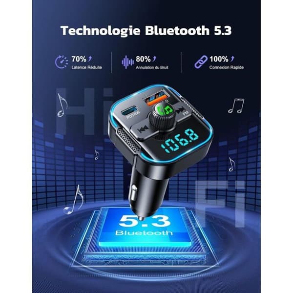 Bluetooth 5.3 FM-sender + PD 36W/QC3.0 18W rask billader – Dobbel mikrofon, håndfri samtale, Siri-støtte