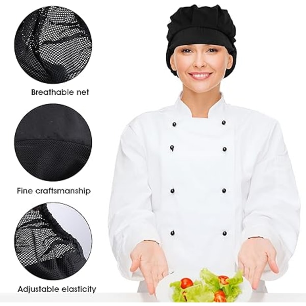 2kpl Kokin hattu Keittiö Baker Ruoanlaitto Chef Cap Musta Food Service Hiusverkot naisille Miesten reunalla