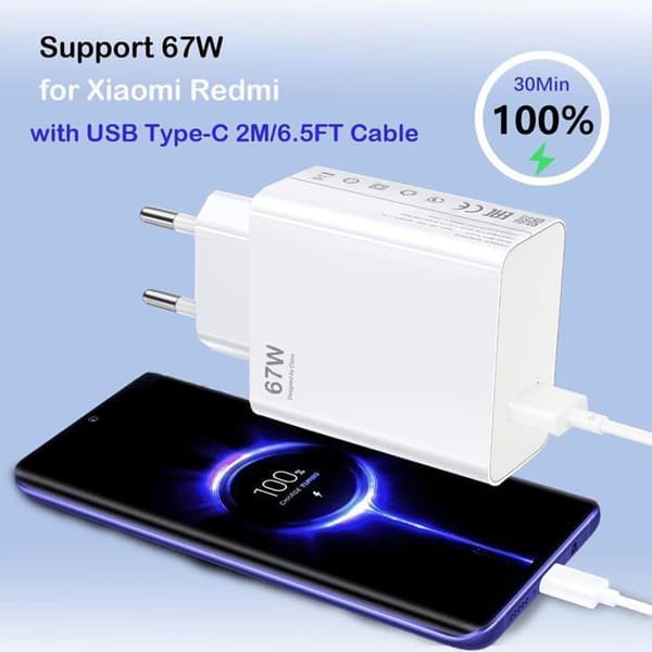 67W USB hurtiglader – Xiaomi – Redmi Note 13 Pro – 2m kabel – Overspenningsbeskyttelse – Hvit C Puissance : 67W