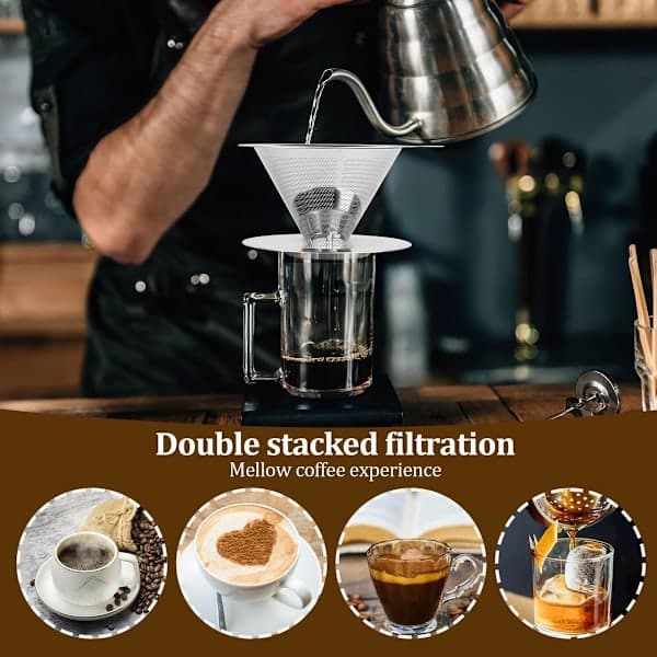 Genanvendelig kaffefilterholder i rustfrit stål, velegnet til manuel kaffebrygning, dobbeltfilter.