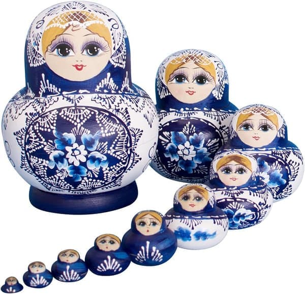 Russiske Matryoshka Dukker, 10 Dele, Håndlavede, Gaver, Legetøj (Blå)