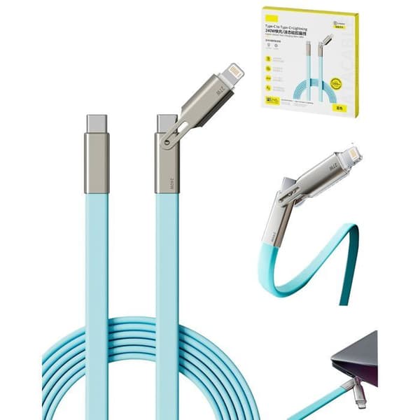 2m 240W Fladt Silikonekabel (Type-C til C/L), 1,5m, Blød Flydende Silikone, 3A, 480 Mbps Dataoverførsel, Filtfrit (Blå)