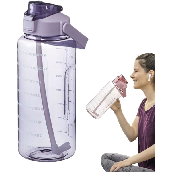 2 liters sportsvandflaske, lækagesikker vandflaske, 2 liter, vandflaske med sugerør, Drikkedunk til motiverende træning med tidsmarkør