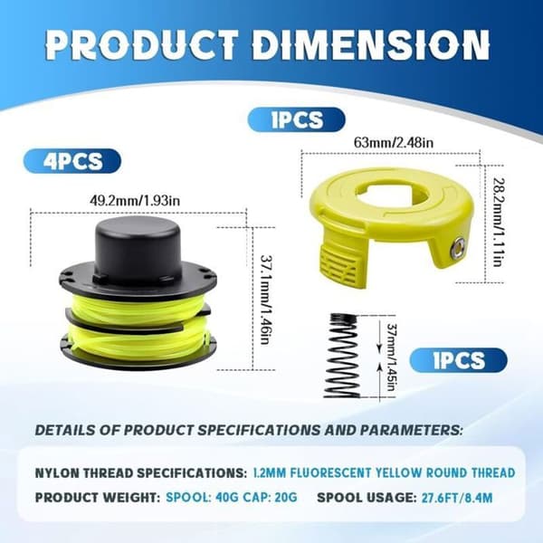 4-pak Ryobi RAC118/RAC119 kompatible trimmerspoler, til RLT3025F, diameter 1,2 mm, længde 8,4 m.