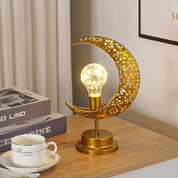 Lunar-pöytälamppu johdoton romanttinen koristelu Ramadan-lyhtyillä toimiva kuun muotoinen Ramadan-pöytälamppu