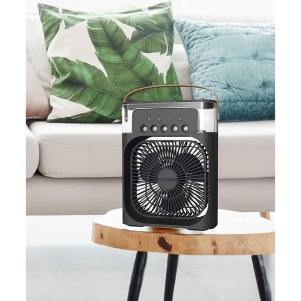 2-i-1 køleventilator og luftfugter – 7-farvet lys – 1-3 timers timer – 3 hastigheder – 3 befugtningsniveauer