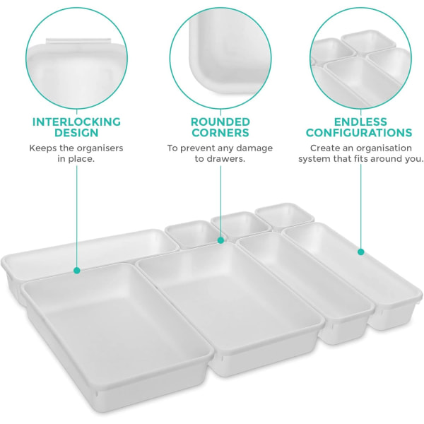 8 st förreglade låda Organizer Plast Förvaring Separator Brick Lådor Bestick Fack Kök Sovrum Badrum Skrivbord Kontor Declutter Rent (Vit)