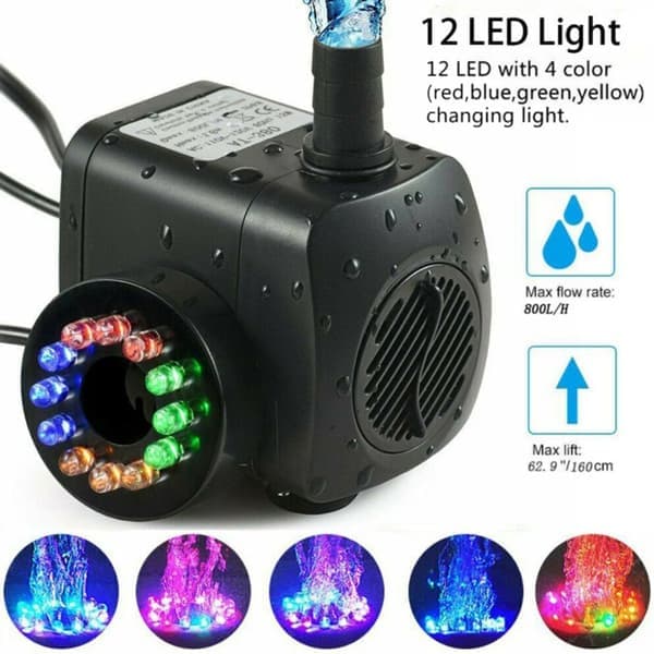 Springvandspumpe, Havepumpe, Springvandspumpe med 12 farverige LED-lys