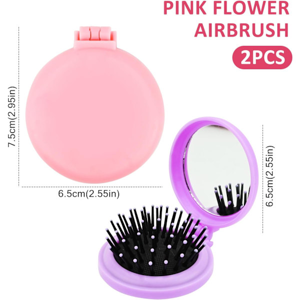 Hårborste Mini Rund Vikbar Kam 2-pack Solid Färg Mjuk Söt Spegel Mini Bärbar Vikbar Kam Luftkudde Massagekam