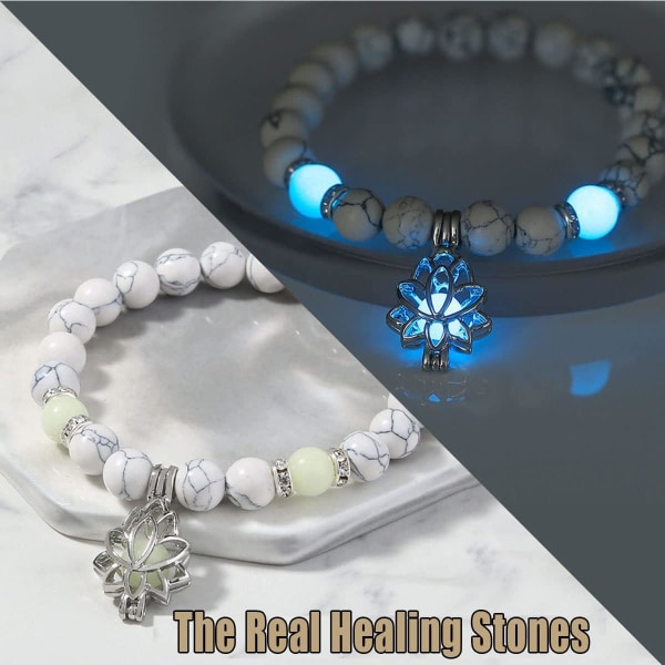 Angst- og stressarmbånd, Glow in The Dark Lotus Yoga Healing Stone-armbånd,Lysende lysende i mørket Månen Lotusblomstformet sjarmarmbånd(F)