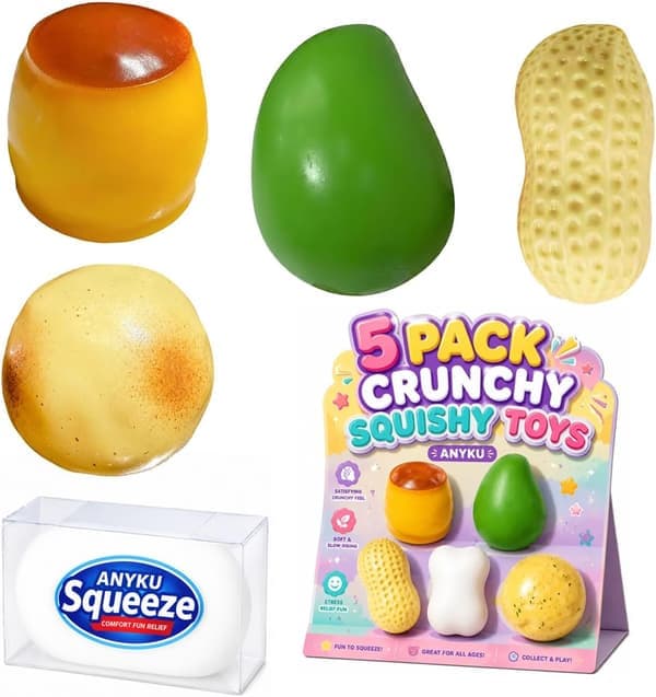 5-pack krispiga klämleksaker Slushy Squeeze Stressboll Matleksak Jordnötspudding Potatis Mango Tvål Pärlfylld ASMR Realistisk Icke-studsande Formbar