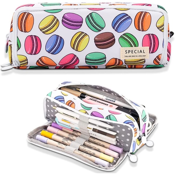 Penalhus med stor kapacitet og 3 rum - Skoleartikler, kontorartikler, makeup-taske til teenagere, voksne, kvinder og mænd (flerfarvet) Macarons