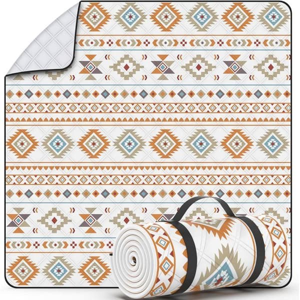 Picnic Tæppe, Ekstra Stort (200 x 200 cm), Vandtæt, med Bærehåndtag, Boho Stil, Sammenfoldeligt og Vaskbart