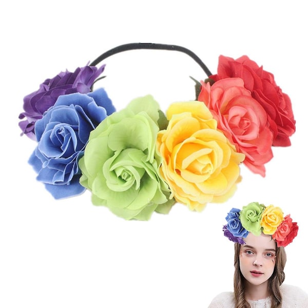 Rose Flower Crown Pannebånd Brude Bryllup Hår Krans Hodepryd Hårtilbehør For Jenter, Kvinner, Barn - Rainbow Rainbow color