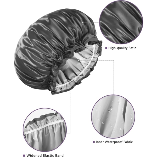 Gjenbrukbar dusjhette for kvinner, dobbeltlags vanntett hårhette, stor størrelse for alle hårlengder, for jenter spa hjemme salongbruk (svart)