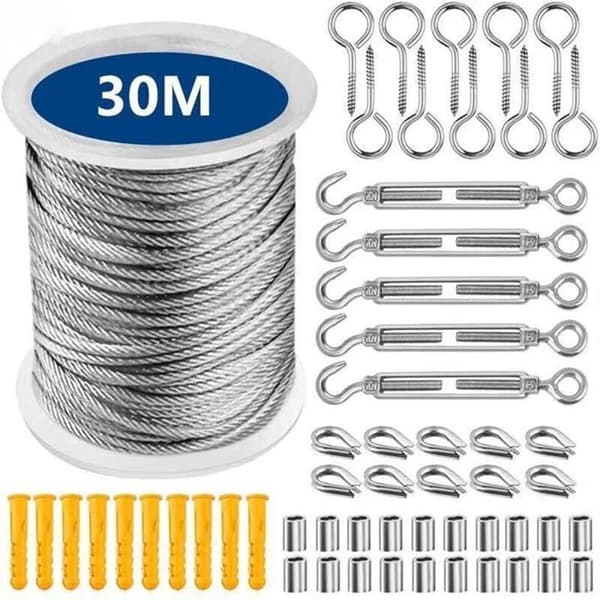 Rustfrit stål hængende tørresnor kabel, rustfrit stål hængende reb, rustfrit stål kabel sæt til rækværk (30M)