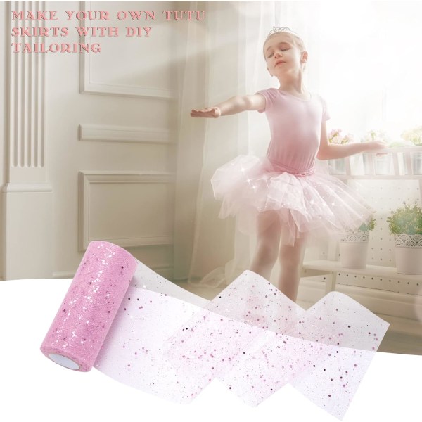 Tyllstoffbåndrull Myk Glitter Mesh Båndspole med Paljetter 6 Tommer 25 Yards for DIY Tutu Skjørt Bue Bryllupsdekorasjon Bordsløper Rosa