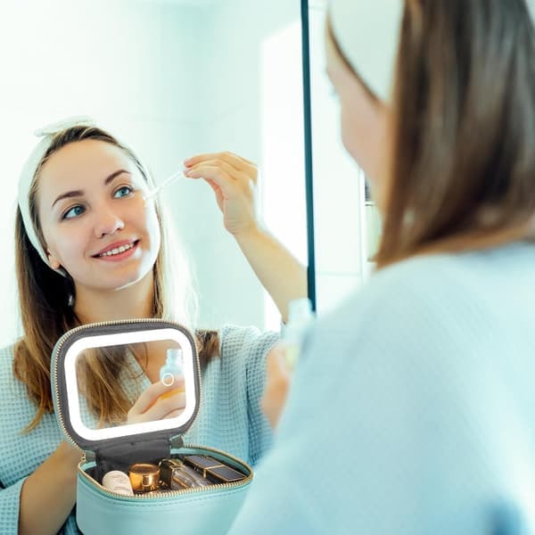 Mini makeuptaske med 3-mode LED-spejl - Bærbar justerbar lysstyrke kosmetikarrangør til polfest, arbejde og touch-ups Blue