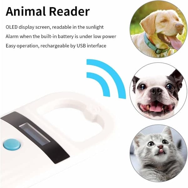 Husdjursspecifik Bluetooth RFID-chipavläsare - USB-laddning - Trådlös - Stöder FDX-B och EMID - 134,2KHz/125KHz OLED-skärm - Vit