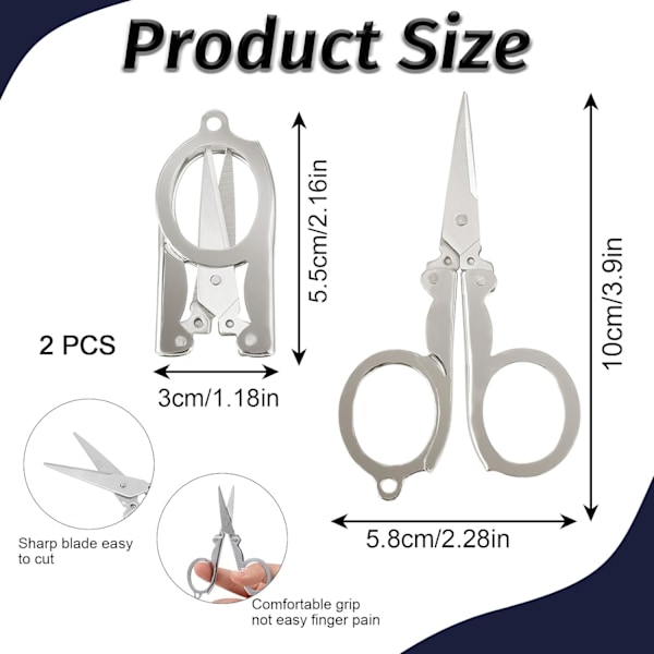 2 stk. Små sammenleggbare sakser i rustfritt stål, små sakser for reiser, papirhåndverkssakser, små sakser, lommesakser, merkesakser