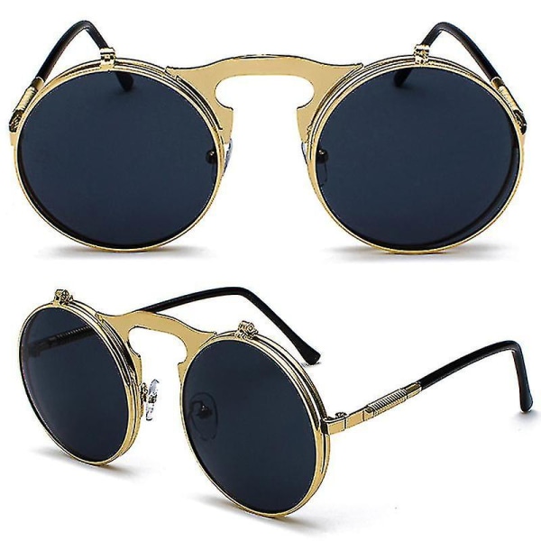 Miesten unisex-aurinkolasit, pyörivät linssit, pyöreät silmälasit Gold Frame Black Grey Lenses