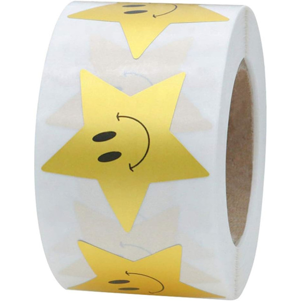 500 stk/rull stjerners ansikts klistremerker, gull glade ansikt stjerneform klistremerker, folie stjerneform klistremerkeetiketter med glad smil scrapbooking 1,5 tommer
