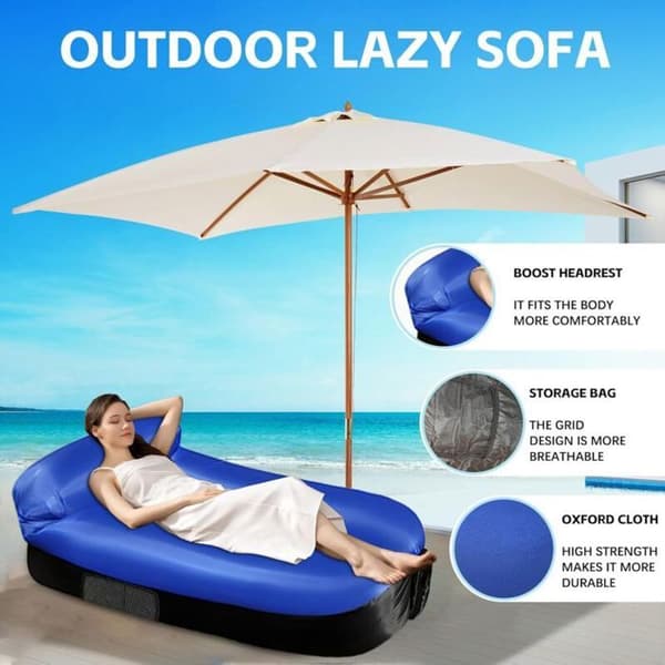 Oppustelig strandliggestol 200x70 cm, blå/sort polyester, luftfyldt udendørs hængekøjestol til camping/strand