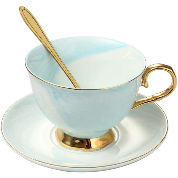 Marmor Keramisk Kopp og Skålsett Kamelia Mønstret Bone China Kaffe Krus Tekopp Gullkant med Kaffe Kopp, Skål og Skje, 200ml (Blå)