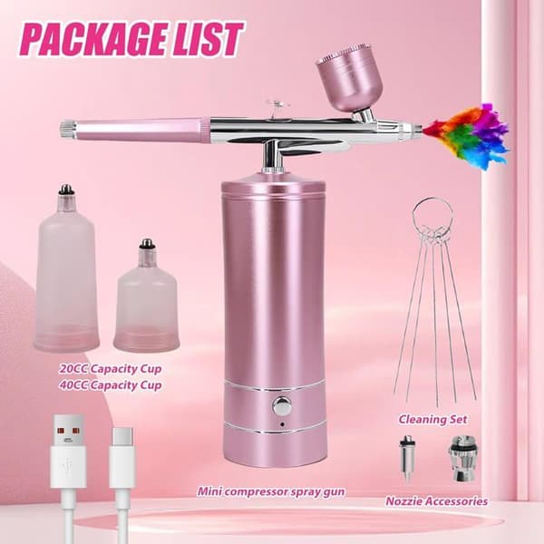 Multifunksjonelt Airbrush-sett med Kompressor – Trådløst Airbrush-sett med Luftkompressor, Oppladbart (Rosa)