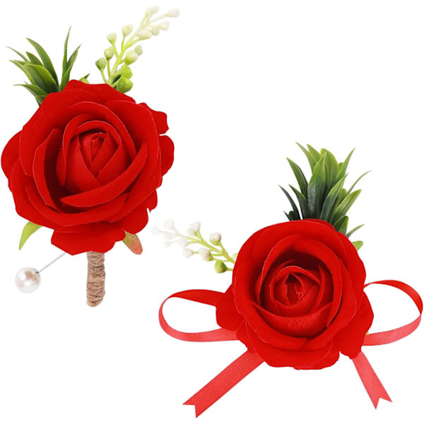Håndleddsblomster til bryllup, blomsterhåndleddsknapphullsett Kunstige bryllupsrose Brud håndleddsblomster Blomsterknapphull til ball (Rød)