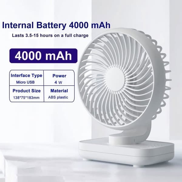 ®RisingFF 4-trins lydløs 90° variabel bordventilator Mini USB genopladelig bordventilator perfekt til