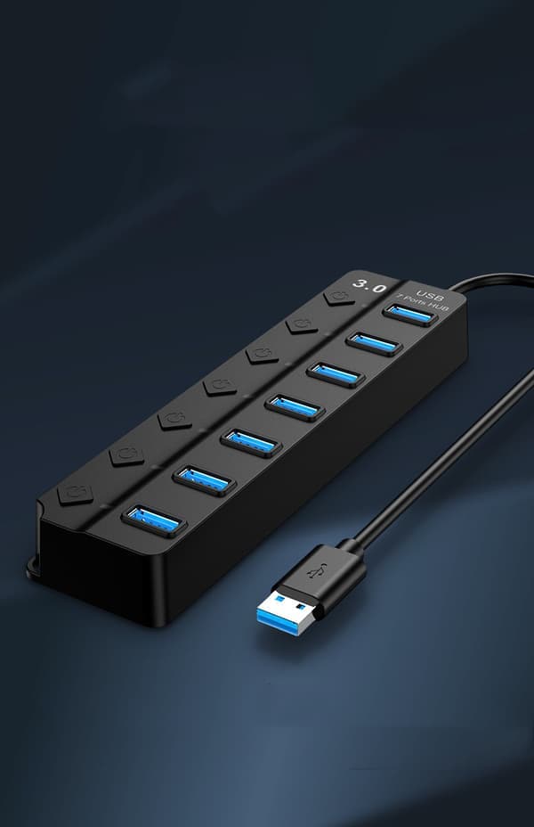 USB 3.0 hub 5 Gbps 7-porter med individuelle av/på-knapper
