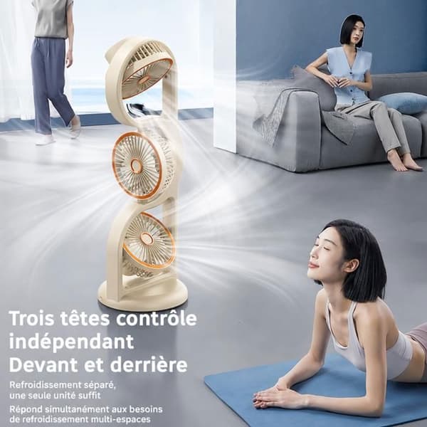 USB genopladelig bordventilator, 3-hoveds bærbar ventilator med lys og 5X luftstrømshastighedsindstillinger (A)
