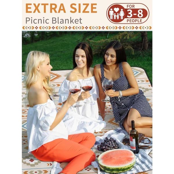 Picnicteppe, ekstra stort (200 x 200 cm), vanntett, med bærehåndtak, boho-stil, sammenleggbart og vaskbart