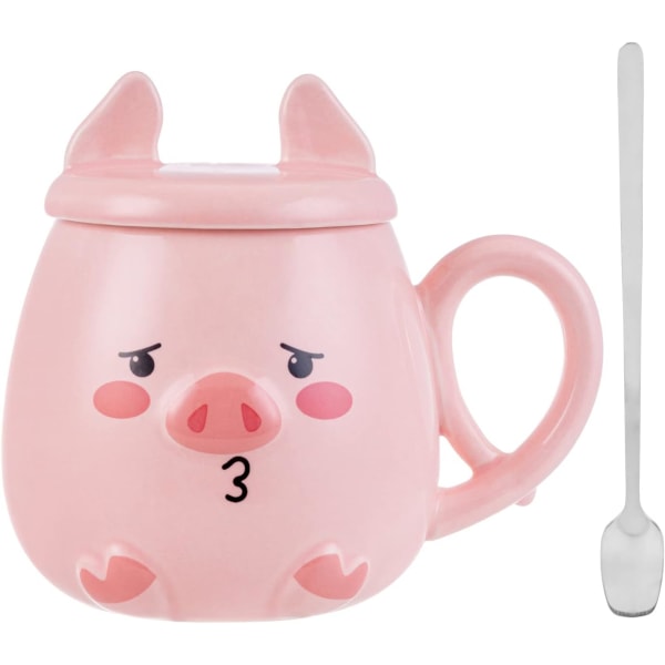 All-Pie sikamuki Söpö keraaminen kahvikuppi kannella ja lusikalla,erityinen set vaaleanpunainen 500ml (3#)