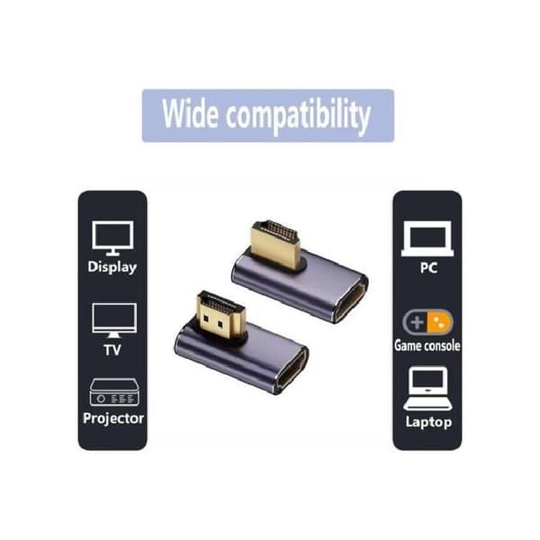 90° (vasen/oikea) 8K HDMI-sovitin, uros→naaras, 8K@60Hz.